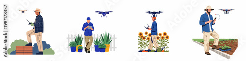 Set of Modern Farmers Using Drones and Digital Devices for Smart Agriculture, Precision Farming Technology Illustrations in Flat Vector Style.