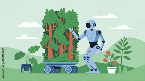 Blue robot touching a mobile forest on wheels in a green landscape with potted plants and clouds