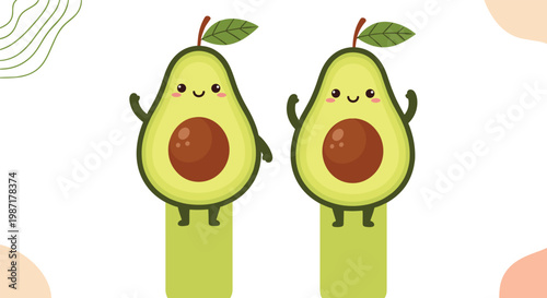 Pair of cute avocado halves with large brown pits and smiling faces waving their arms in a friendly greeting on a pale background with shapes.