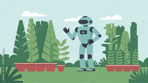 Light blue robot with an AI label standing in a garden with potted plants and a green foliage background
