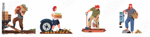Illustration set of agricultural workers harvesting potatoes, carrying sacks and crates of fresh produce in rural farm settings.