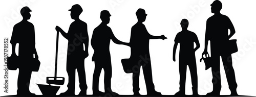 Construction Workers Silhouette Group Professional Builders Standing Together Using Tools Hard Hat Team Industrial Labor Service Site Management Infrastructure Development Project Groundwork 