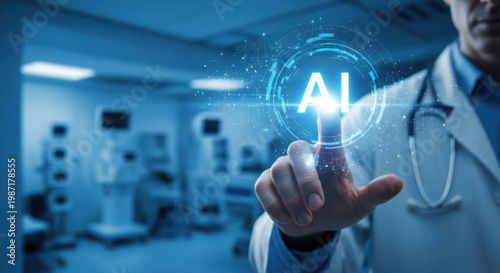 Doctor using virtual AI interface in medical environment. Concept of artificial intelligence in healthcare, digital diagnosis, medical research, smart technology, and innovative patient solutions. 