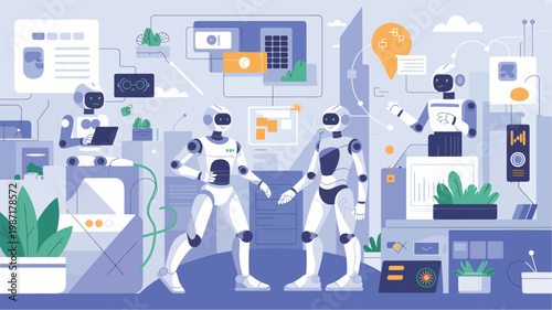 Robots interacting in a digital office with data screens, floating and potted green plants