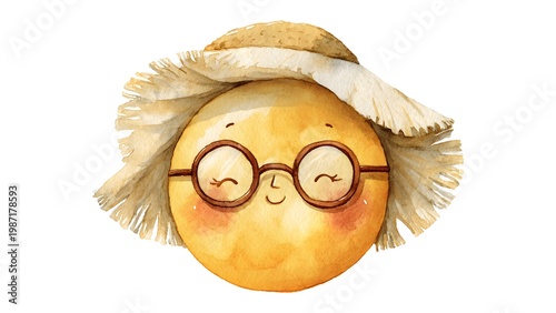 Cute smiling sun character with glasses and straw hat