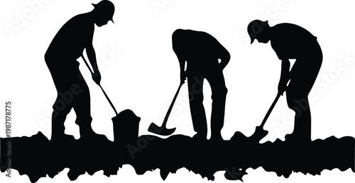Manual Labor Workers Silhouette Construction Site Team Using Shovels Digging Trench Hard Work Industry Infrastructure Project Professional Building Groundwork Maintenance Development Outdoor Services