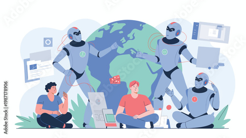 Two people sitting with three humanoid robots in front of a stylized globe, flat humanoids