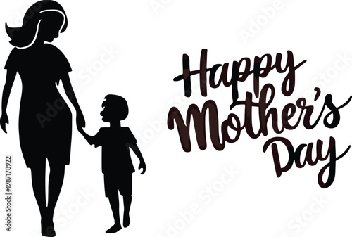 Happy Mothers Day Silhouette Illustration Mother Holding Son Hand Vector Greeting Card Design Family Love Celebration Parenting Childhood Maternal Bond SEO Maintain Togetherness