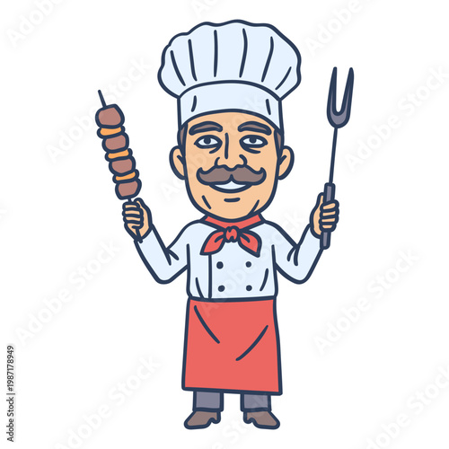 Old man chef with mustache holding fork and skewer with shish kebab. Hand drawing