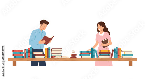 Two cheerful students browse through an extensive collection of hardcover books on a rustic wooden table within a bright and airy university library room.