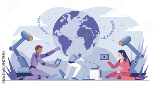 Two robots and a person working together to maintain a large globe, a flat-style android human earth