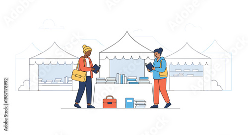 Diverse individuals examine various literary works at an outdoor book fair featuring numerous white tents under a clear sky with a professional aesthetic.