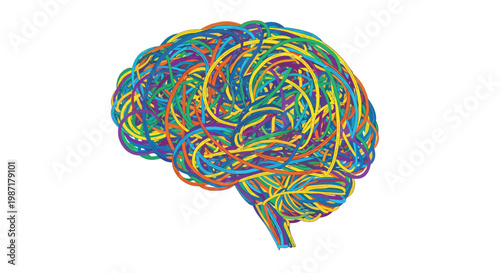 A complex human brain is illustrated as a dense and chaotic tangle of vibrant multicolored lines representing intricate thoughts and mental connections.
