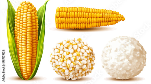 An illustration featuring various forms of corn, from whole cob to popcorn, on a white background