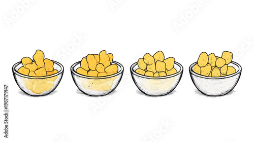 Four bowls of golden potato bites on white, illustrated in a sketch style, with a clean look