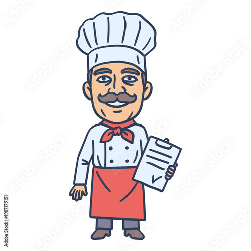 Old man chef with mustache holding tablet and smiling. Hand drawing