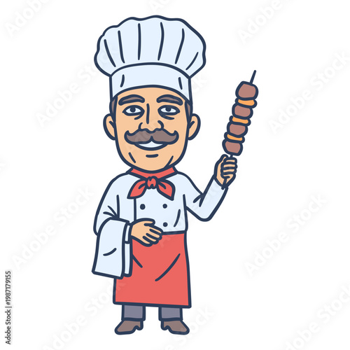 Old man chef with mustache holding towel and skewer with shish kebab. Hand drawing