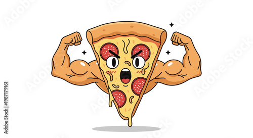 Formidable pepperoni pizza slice character flexes huge muscular human arms with an aggressive facial expression.