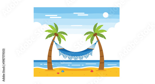 Vibrant tropical beach illustration showcasing a blue woven hammock suspended between two palm trees on golden sand under a bright sun and blue sky.