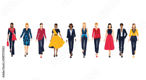 Diverse lineup of professional women wearing various business outfits walking forward in a flat vector illustration set against a plain white background.
