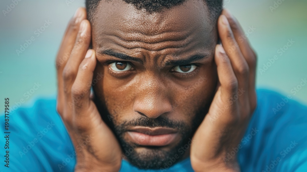 Fototapeta premium Disappointed athlete holding head, experiencing stress and failure on running after loss track competition