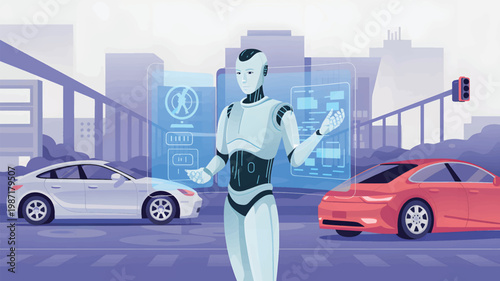 Humanoid robot standing on a city street with a digital interface, white and red cars, urban background