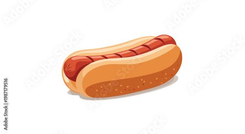 A hot dog featuring a grilled, sliced sausage nestled in a soft bun is shown in a realistic, shaded vector style against a clean white studio backdrop.