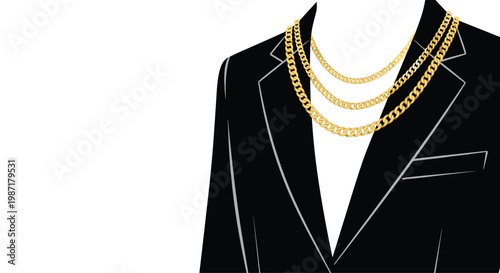 Sophisticated male mannequin torso wearing three distinct layered gold chains over a sharp black tailored suit blazer against a clean white backdrop.