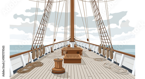 Perspective view from the wooden deck of a classic sailing ship looking towards the bow with complex rigging and masts under a soft cloudy sky backdrop.