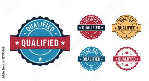 Set of five colored circular stamps with ribbons prominently display the word qualified for certification uses.