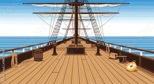 Expansive view of a polished wooden ship deck featuring a golden compass and a barrel set against a vibrant blue ocean horizon and clear sky backdrop.