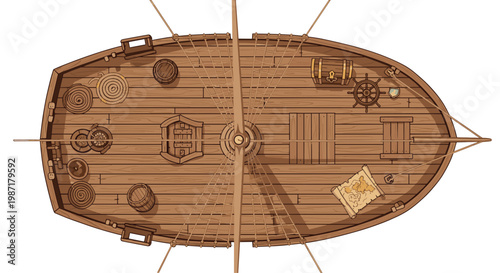 Detailed top down view of a rustic wooden pirate ship deck featuring an ornate treasure chest and navigation wheel set against a plain white background.