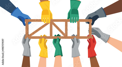 Diverse hands wearing colorful work gloves holding a wooden truss frame together to demonstrate teamwork and construction collaboration on white background.