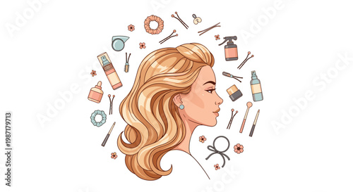 Detailed illustration of a woman with wavy blonde hair surrounded by organized hair styling tools and professional beauty products on a light background.