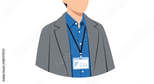 Professional man wearing a tailored grey blazer over a crisp blue shirt with a blank identification badge hanging from a black lanyard on white space.
