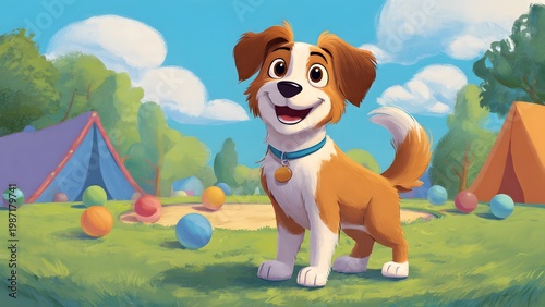 Happy cartoon dog in colorful outdoor play area with tents