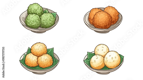 Four plates of various delicious, freshly made, round, crispy, and savory snacks