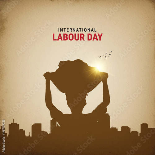 International labour day poster design with a silhouette of a worker carrying a load against a city skyline