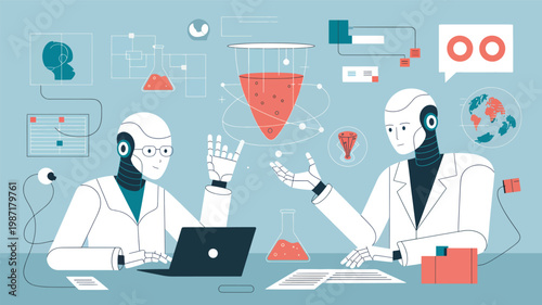 Two white robots in lab coats are working with a holographic chemical beaker and data on a blue table