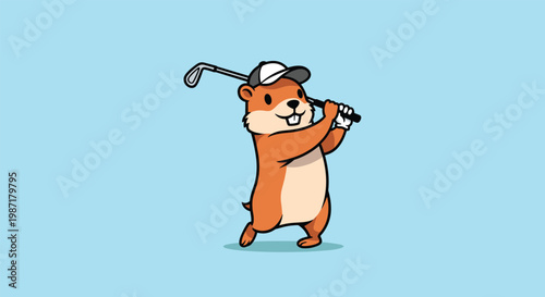 Energetic cartoon gopher wearing a baseball cap swings a golf club while standing on a bright blue background.