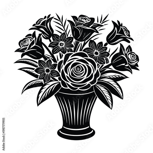 Black and white floral bouquet, vintage flower arrangement, monochrome vase illustration, floral pattern