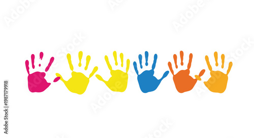 Six distinct handprints in a vibrant horizontal row featuring solid primary colors are displayed clearly against a stark and minimalist white background.