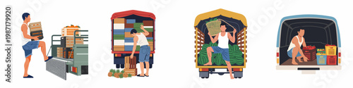 Illustrations of agricultural workers loading crates of fresh fruit, watermelons, and pineapples into delivery trucks for transport.