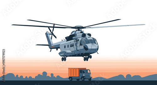 A heavy military helicopter hovers precisely above a small orange delivery truck on a dark minimalist landscape during a soft golden sunset atmosphere.
