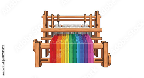 A sturdy wooden loom features a full rainbow-colored warp stretched tightly across the frame to create a vibrant spectrum of vertical thread patterns.