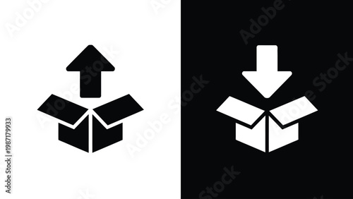 Open Box Upload and Download Icon with Arrows in Black and White