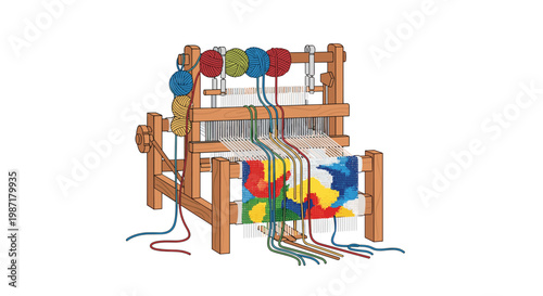 A traditional wooden loom displays colorful yarn spools and a partially woven fabric with an intricate multicolored abstract pattern on a white base.