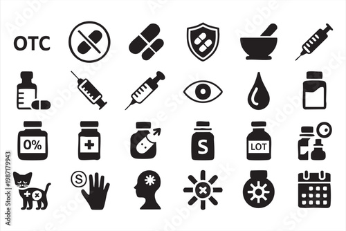 Quadro su tela Pharmacy Solid Icons for Drug Treatment and Clinical Equipment