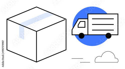 Delivery services, shipping logistics, e-commerce, package tracking, courier system, transport efficiency. Graphic of a box, a truck and cloud. Delivery services and shipping logistics