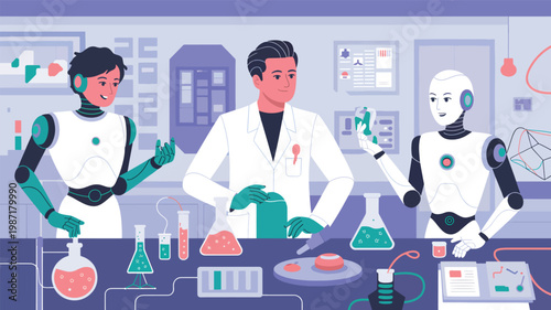A scientist in a lab coat is working with two humanoid robots, handling glass beakers and chemical flasks
